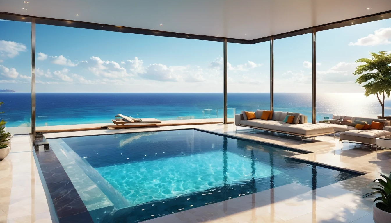 A modern luxury mansion with an infinity pool overlooking the ocean, floor-to-ceiling windows, and a sleek, luxury interior design. hyper realistic photo, 16k, vibrant colors