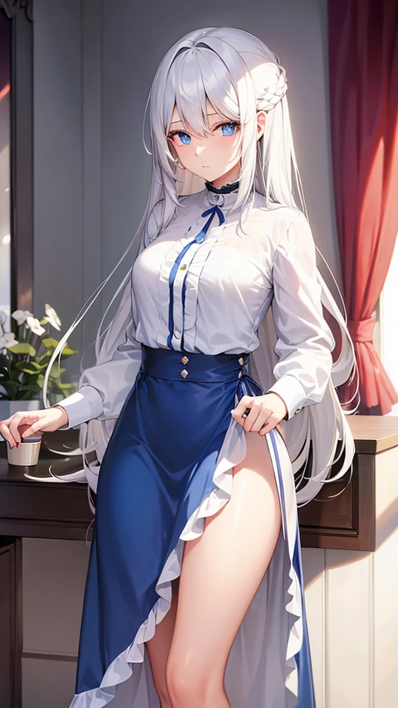 A girl with beautiful long white hair with blue eyes in a modern apartment
