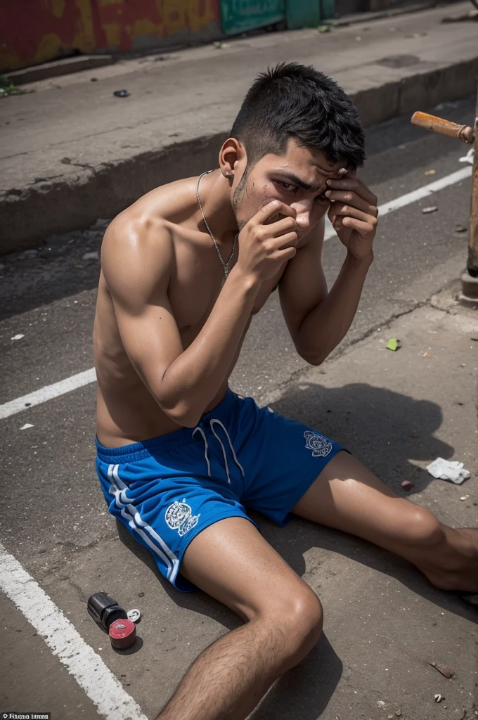 Cracolândia sp A young man using drugs with a crack pipe in his hand with a sad face One lying on the floor crying in despair A very shocking image to see