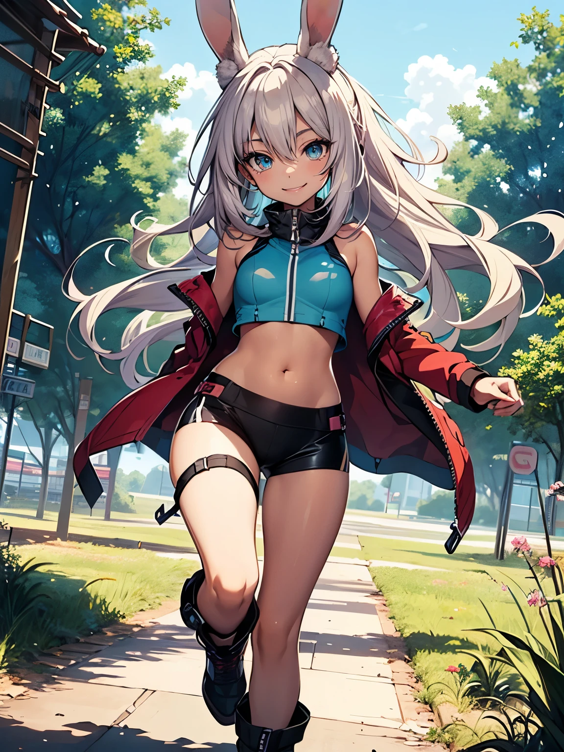 ((Seductive Anime Girl:1.3, solo:1.5))、((teenage girl:1.2))、((fusion of rabbit and girl:1.4))、((Running:1.3, ))、((happy smile:1.3))、energetic、((pink color, leather clothes))、((Being in grassland:1.3)), erect nipples、((open clothes:1.2))、((crop top navel:1.2))、((small breasts))、((sleeveless:1.2))、((Glossy realistic skin texture))、full body、masterpiece, ultra-detailliert, 8k, hiquality, Top image quality, digitial illustration, Smooth texture