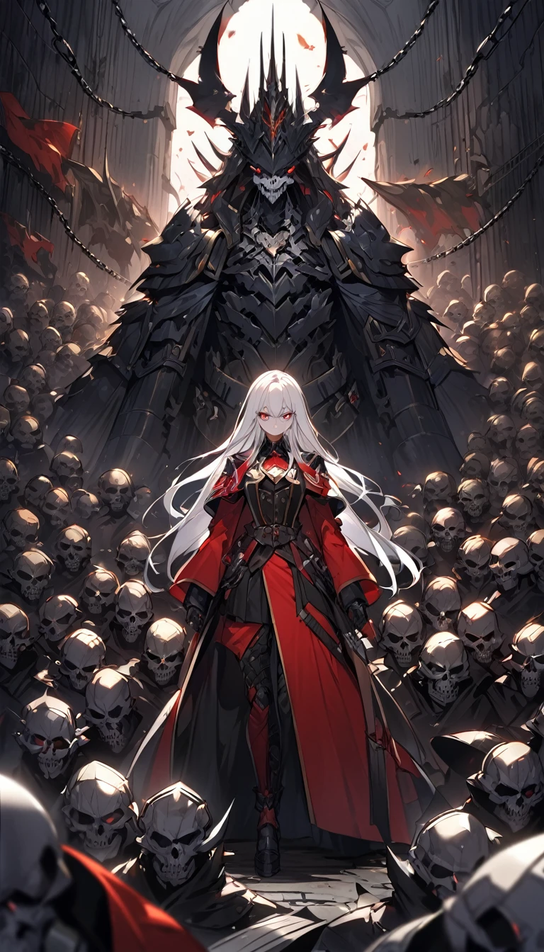 a expressive woman with eyes and long hair, Warhammer universe, anime design, wearing military lord captain garment, with grim dark elements, in a detailed darkened infrastructure backdrop, surrounded by civilians, evil chains