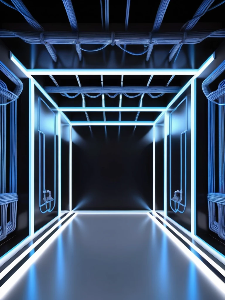 pared, Futuristic background image with hell theme., cables hell neon, symmetrical image, hell, White wall, ?????, Blue, techno music production studio