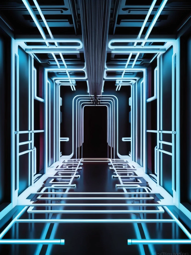 pared, Futuristic background image with hell theme., cables hell neon, symmetrical image, hell, White wall, negro, Blue, techno music production studio