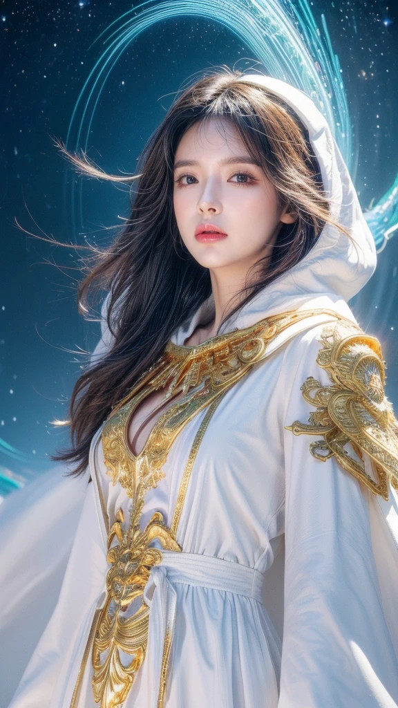 (masterpiece, top quality, best quality, official art, Beautiful and beautiful:1.2), (1 girl), extremely detailed eyes, (fractal art:1.3), rich and colorful, most detailed, (perfect face), shiny skin, high dynamic range, (white cloak golden lines:1.2), galaxy, (light streaks), Eye-catching visuals, (dynamic stripes, glow trail:1.2), bright colors, (Phoenix), (dragon)