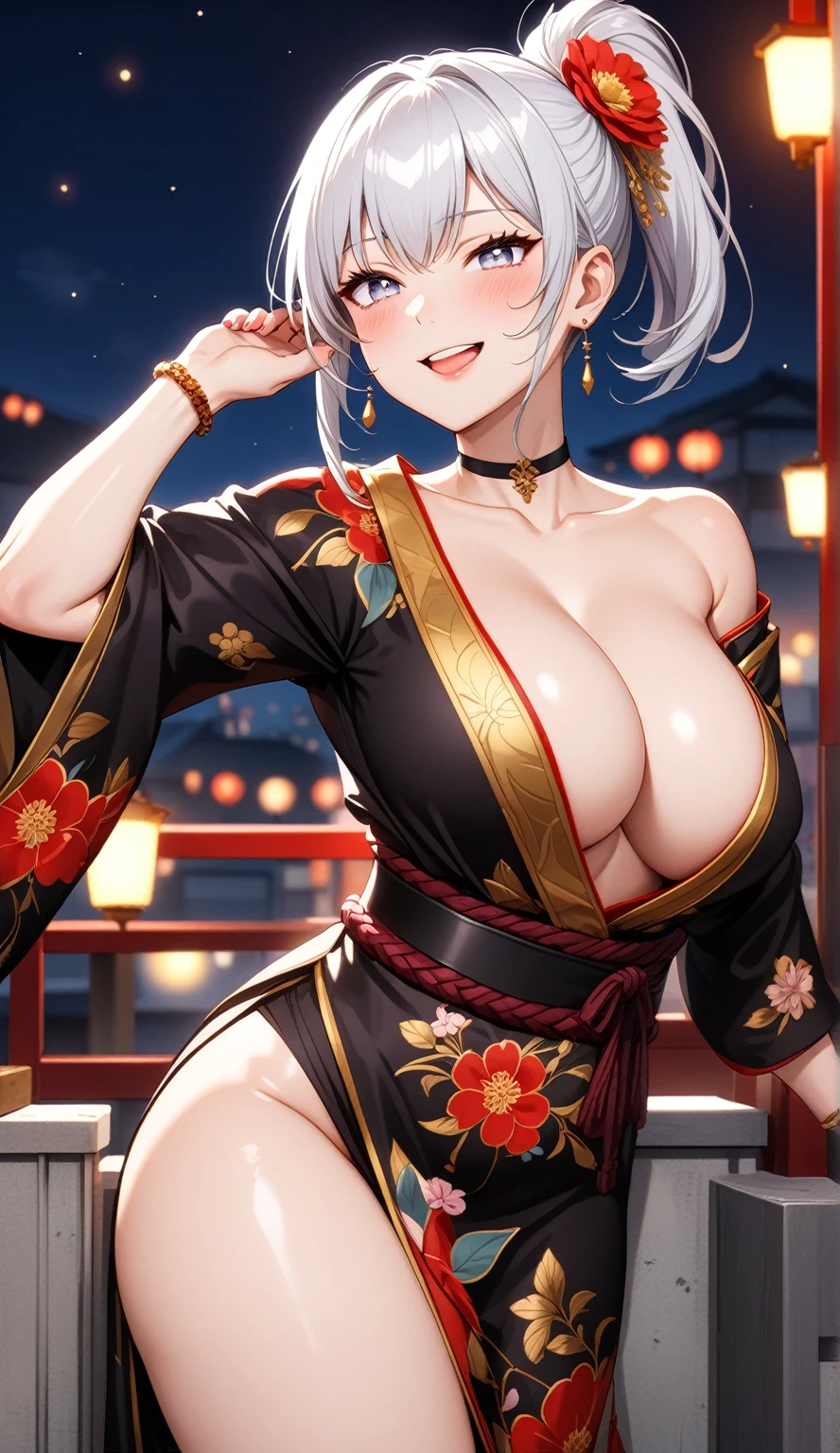 (One personの女性)), Beautiful Face, (Laughing embarrassedly), ((smirk)), ((Wink:2.0)), Laugh with your mouth wide open,((Bright red cheeks:1.4)),Shiny red lips, night,rooftop,Festivals, firework,Glossy red lips,Facial lighting,((Anime style background)),masterpiece, Highest quality, so beautiful,up to date, Complex details, (Pink long nails), (ring),(bracelet),(choker),AI-generated, Complex,High resolution, Highest quality, super high quality,3D Images、3D Images,One person,Long white hair in a high side ponytail,(blue eyes), ((Fine grain、Silvery white colorful eyes、Shining Eyes:1.4)), (Squint your eyes:1.1), 写真のポーズをとるAnime Women, a hyperRealistic , hyperRealistic , Realistic,Anime Women, Smooth anime CG art, A woman in a colorful kimono with gold embroidery, (Black long sleeve kimono), Red floral pattern,Long flower hair ornament,Earrings,Mature Body,(Big Breasts:1.1),Tall,Abdominal muscles,Narrow waist,(Zoom in on face:1.7),