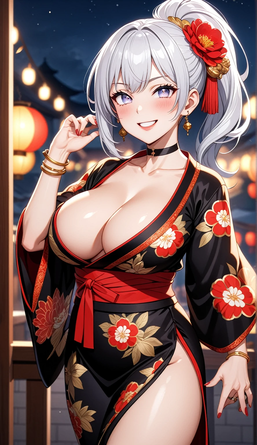 (One personの女性)), Beautiful Face, (Laughing embarrassedly), ((smirk)), ((Wink:2.0)),  Laugh with your mouth wide open,((Bright red cheeks:1.4)),Shiny red lips, night,rooftop,Festivals, firework,Glossy red lips,Facial lighting,((Anime style background)),masterpiece, Highest quality, so beautiful,up to date, Complex details, (Pink long nails), (ring),(bracelet),(choker),AI-generated, Complex,High resolution, Highest quality, super high quality,3D Images、3D Images,One person,Long white hair in a high side ponytail,(blue eyes),  ((Fine grain、Silvery white colorful eyes、Shining Eyes:1.4)), (Squint your eyes:1.1), 写真のポーズをとるAnime Women, a hyperRealistic , hyperRealistic , Realistic,Anime Women, Smooth anime CG art, A woman in a colorful kimono with gold embroidery, (Black long sleeve kimono),  Red floral pattern,Long flower hair ornament,Earrings,Mature Body,(Big Breasts:1.1),Tall,Abdominal muscles,Narrow waist,(Zoom in on face:1.7),