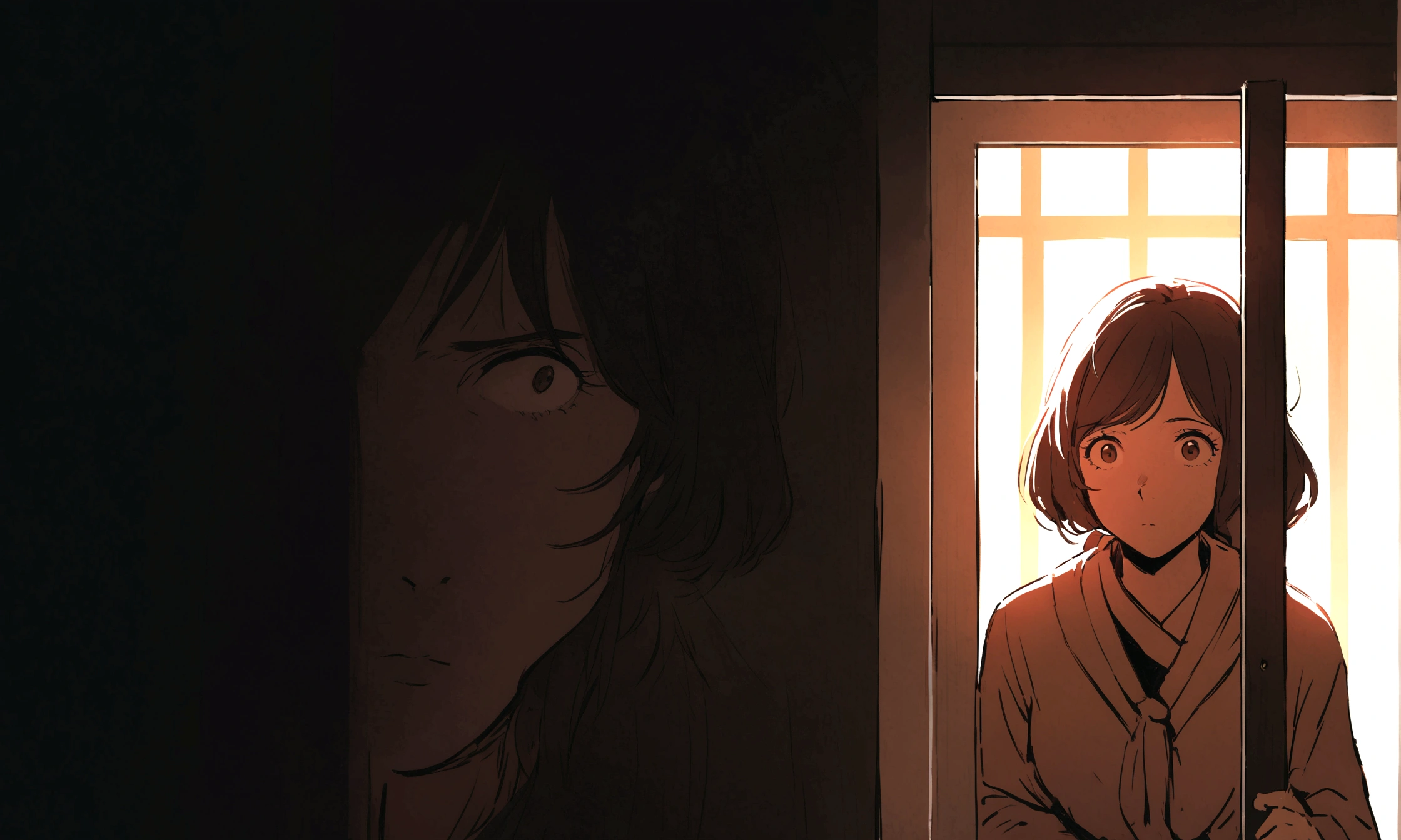 The protagonist's mother appears in the doorway, her face curious and concerned.