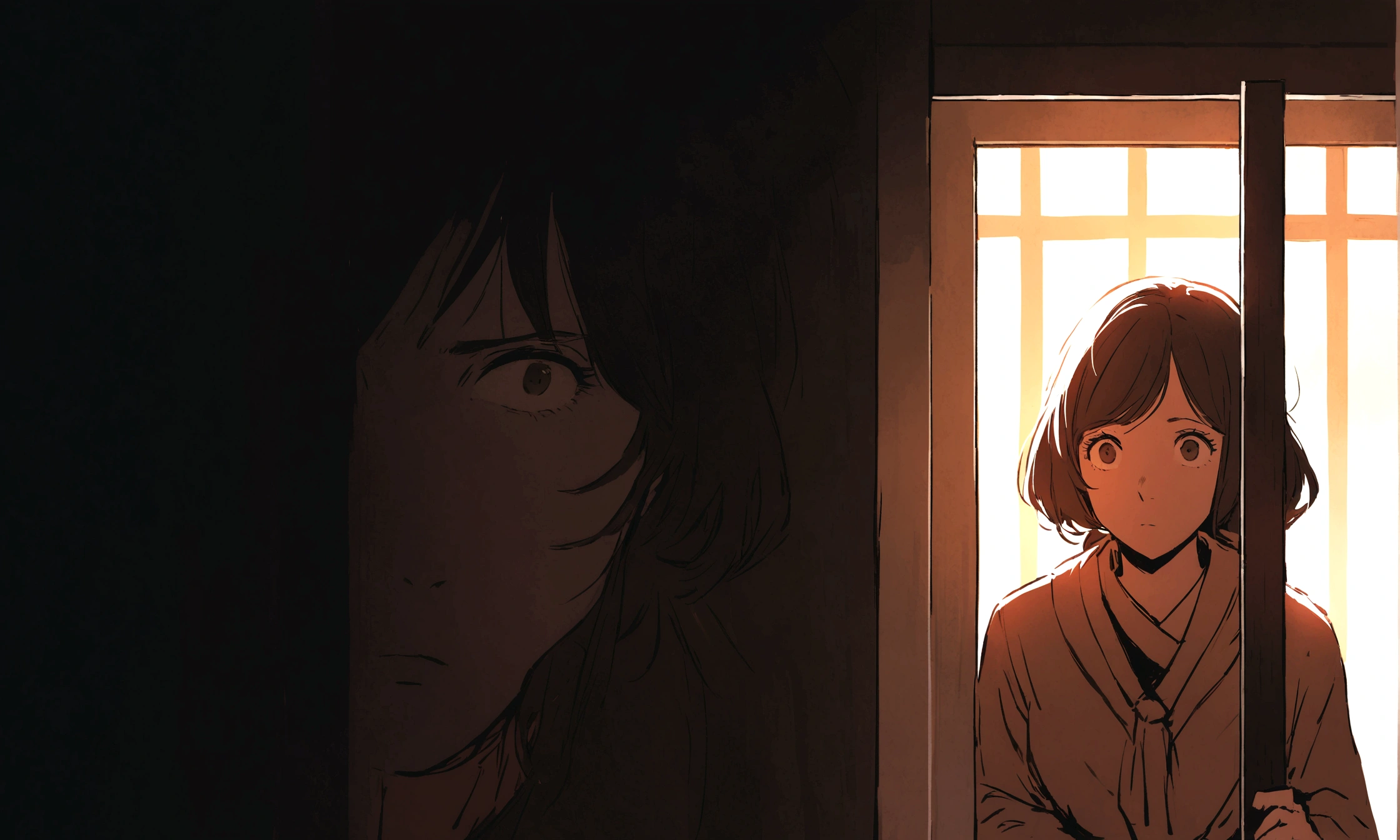The protagonist's mother appears in the doorway, her face curious and concerned.