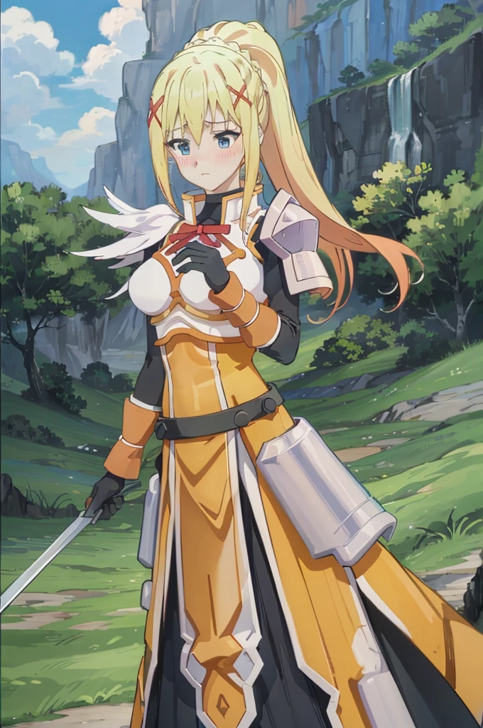 masterpiece, best quality, high resolution, best illustration, super fine illustration, (official art:0.6), (anime screencap:1.1), detailed beautiful face and eyes, anime keyvisual, (perfect anatomy:1.5), 8k portrait, (detail focus fingers:1.2), 
1girl,
darkness, 
darkness \(konosuba\),
long hair, ponytail, x hair ornament, 
blonde hair, 
(blue eyes:1.2), 
black gloves, 
large breasts, 
armor, pauldrons, shoulder armor, long skirt, 
(blush:1.5), 
standing, 
(background of outdoors, forrest, blue sky, nature), 