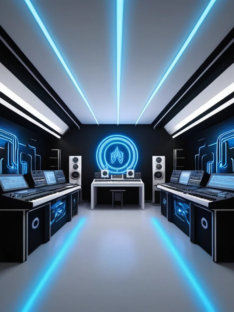 music producer studio, sala vacía con neones bluees, infernal themed futuristic background image, cables hell neon, symmetrical image, hell, White wall, negro, blue