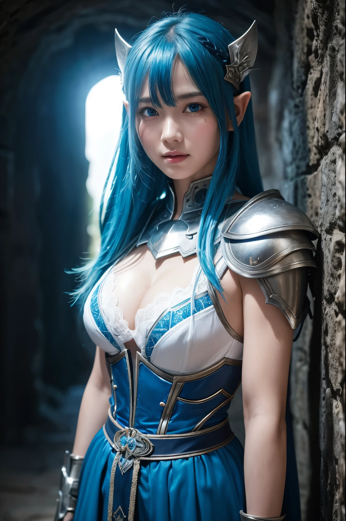 8K、日焼けしたBlue and white very large chest armor(Metal)Dark elf wearing、Super Beauty(Like the real thing)、全身Sunburned skin、Elf Ears,Blue and white very large chest armor、Model Chute Style、(the Extremely Detailed CG Unity 8K Wallpapers)、Full body photos of the most beautiful works of art in the world、Front 4 poses、Blue Hair、Blue and white combat skirt、diamond、Medieval architecture、trending at artstationh、CG trends、 Dense、Every detail、Sharp focus、very, very big breasts、blue eyes、Beholder、Beautiful expression、Accentuate your cleavage、Beautiful decoration、smile,Makeup,Inside the cave,全身Sunburned skin,美しいBlue Hair,Sunburned skin,全身Sunburned skin,Dark skinned female elf,Rich colors, Backlight, Cinema Lighting, Film Grain, 50mm lens, Nikon D850,Ultra-high resolution,Ultra-realistic,Dynamic fighting poses,Blue and white very large chest armor(Metal),In a dimly lit dungeon,