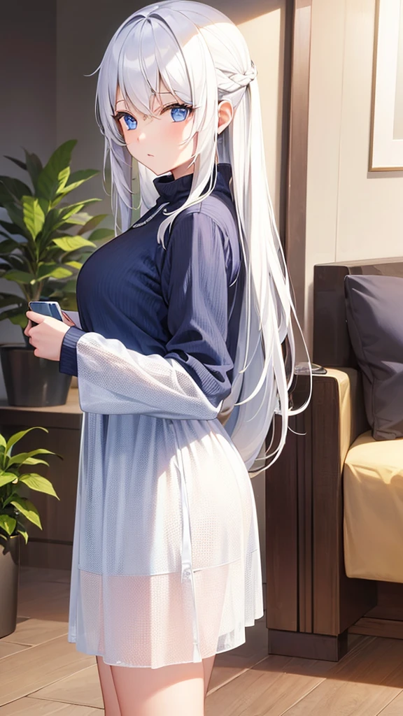 A girl with beautiful long white hair with blue eyes in a modern apartment