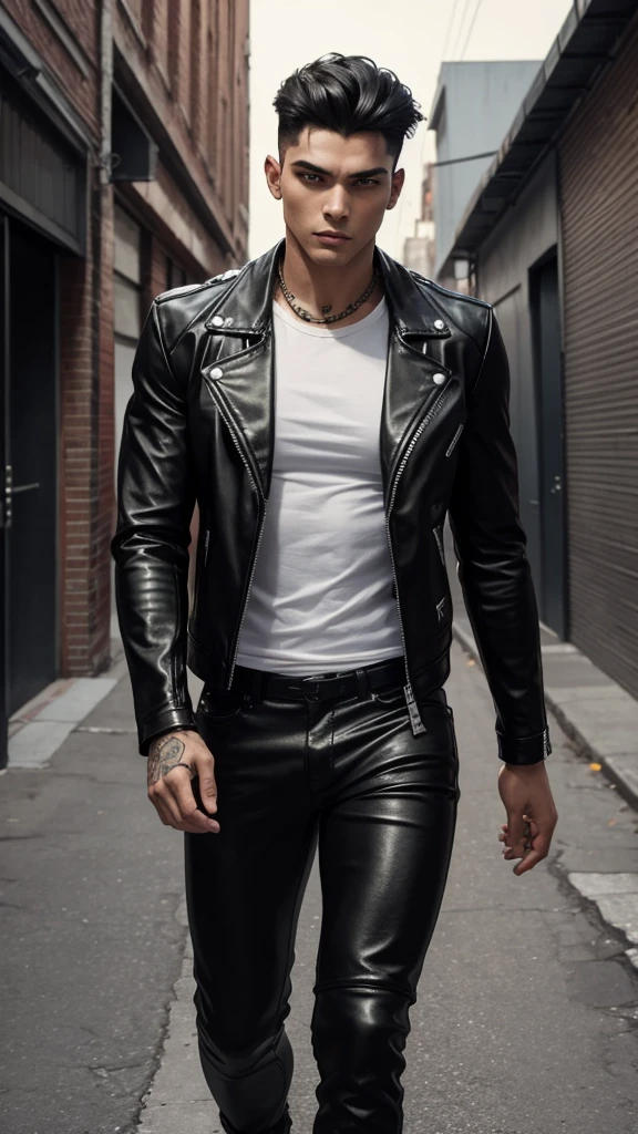 
"Generate an image of a confident, muscular young man standing in a modern city street at dusk. He has short, tousled black hair with a slight undercut and piercing red eyes. He is wearing a form-fitting black t-shirt, a red leather biker jacket, and tight black leather pants. At warehouse Motorcycle, with a moody, urban atmosphere. The man exudes a cool, edgy vibe."