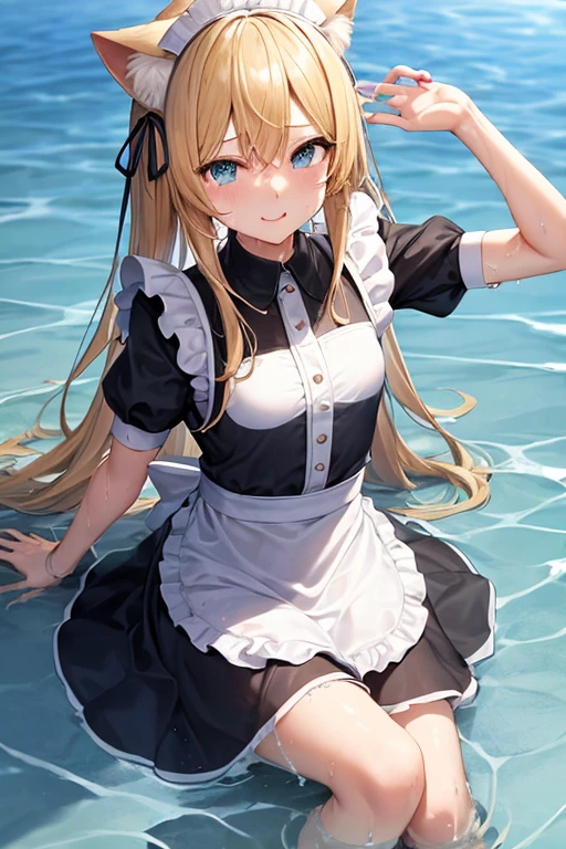 (Super best quality)(Highest quality)(Attention to detail)
Maid clothes, White apron, Headband, (Fashionable clothes)
Gothic Dress, ribbon, Maid clothes, 白と黒のMaid clothes
海, Beach, (Wave, Wave打ち), 高Wave, In the water, (Waterlogged), Water Play,
((Even my clothes are wet 1.1))((Even my clothes are soaked in water)), (Water drop 1.1), Soaking wet, ((Deep water depth)) (Deeply immersed)
Blonde, Blue Eyes, Cat ear, tail, cute, Naughty, The best smile, Water droplets all over the body((全身にWater drop 1.1)), Long, Water drops on my arms, Water drips from the clothes, Small breasts, Less exposure