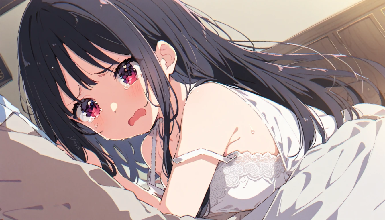 
A crying young lady with long black hair、２０age、clear、White lace long slip、In underwear、Inserted by a middle-aged man、Private room、whole body、Shyness、resistance、fear