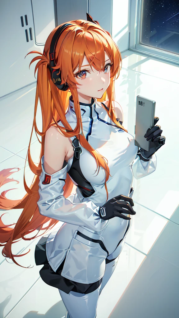 (Overhead view),dynamic angle,ultra-detailed, illustration, close-up, straight on, 1girl, 
 ((souryuu asuka langley, interface headset, red bodysuit:1.4, blonde)),Her eyes shone like dreamy stars,(glowing eyes:1.233),(beautiful and detailed eyes:1.1),(expressionless,closed mouth),(standing), 
(mechanic room with toolsand spaceship windowin a white SPACESHIP),
(night:1.2),dreamy, [[delicate fingers and hands:0.55]::0.85],(detail fingers),