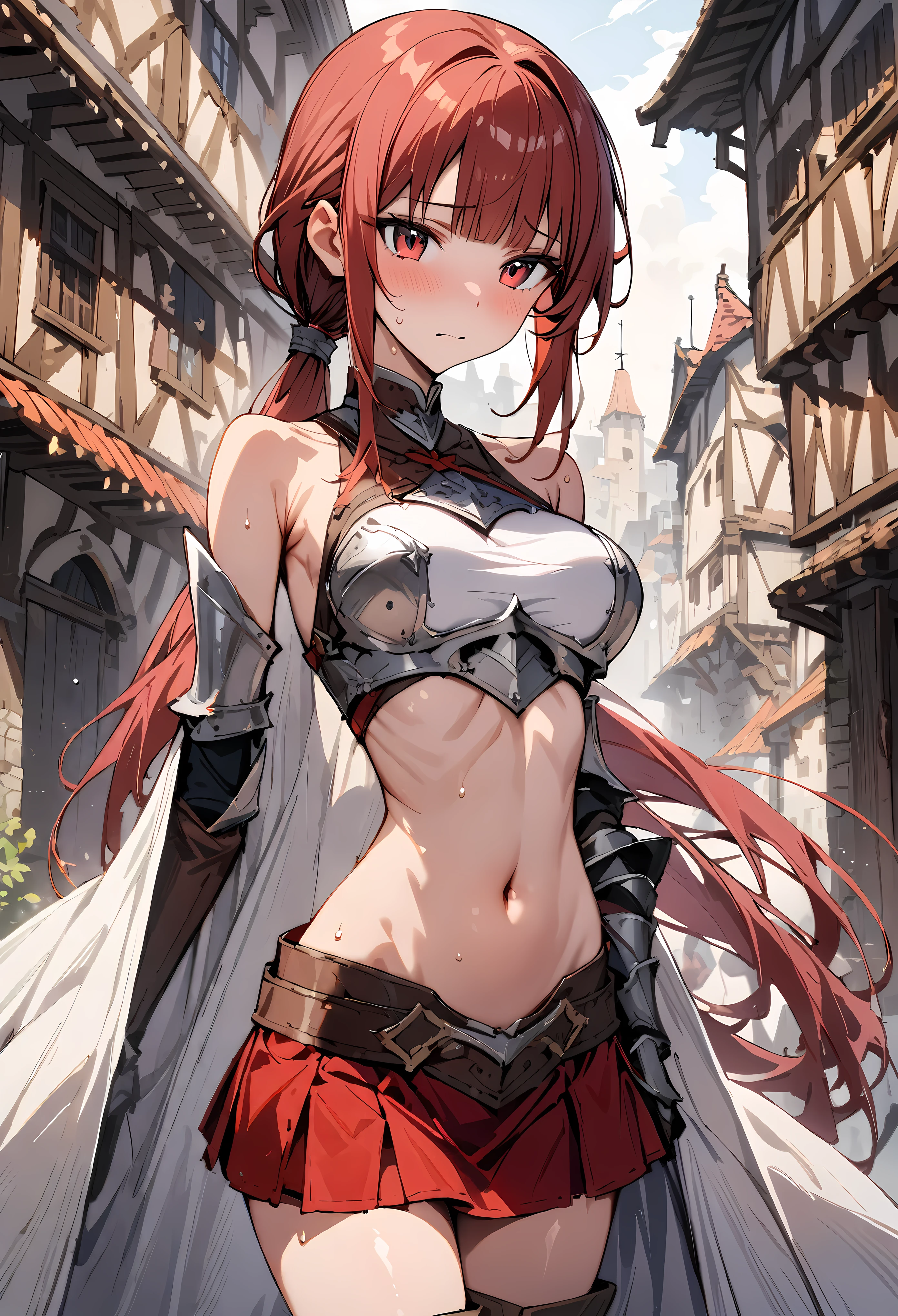 ((masterpiece,Highest quality:1.3)),1woman,30 year old beauty,solo,((very small head:1.3)),red hair,long hair,blunt bangs,red eyes,gorgeous eyes,shy,smile,medium breasts,((very long body:1.3)),((toned body,slender body,)),skinny,gleaming skin,shiny skin,((Red pleated mini skirt)),(White tube top、navel、bara shoulder),((Red mini skirt))、Leather Gauntlets、、rural area、sunny、Medieval Europe、