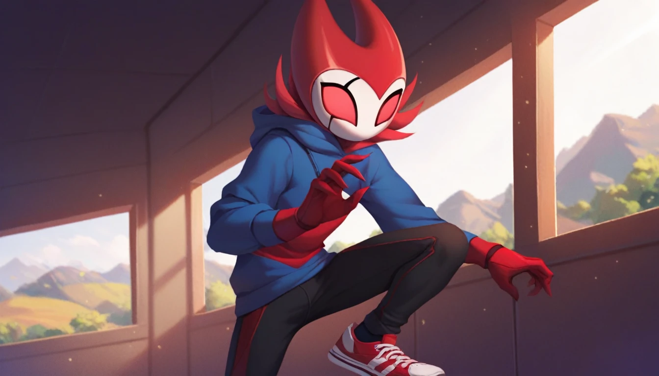 score_9, score_8_up, score_7_up, score_6_up, zPDXL2, grimm \(hollow knight\), vampire, bat, 1boy, solo, cute face, detailed eyes, portrait, anthro, black sports pants, blue large hoodie, red sports gloves, sneakers, background, near the window, landscape, cool pose