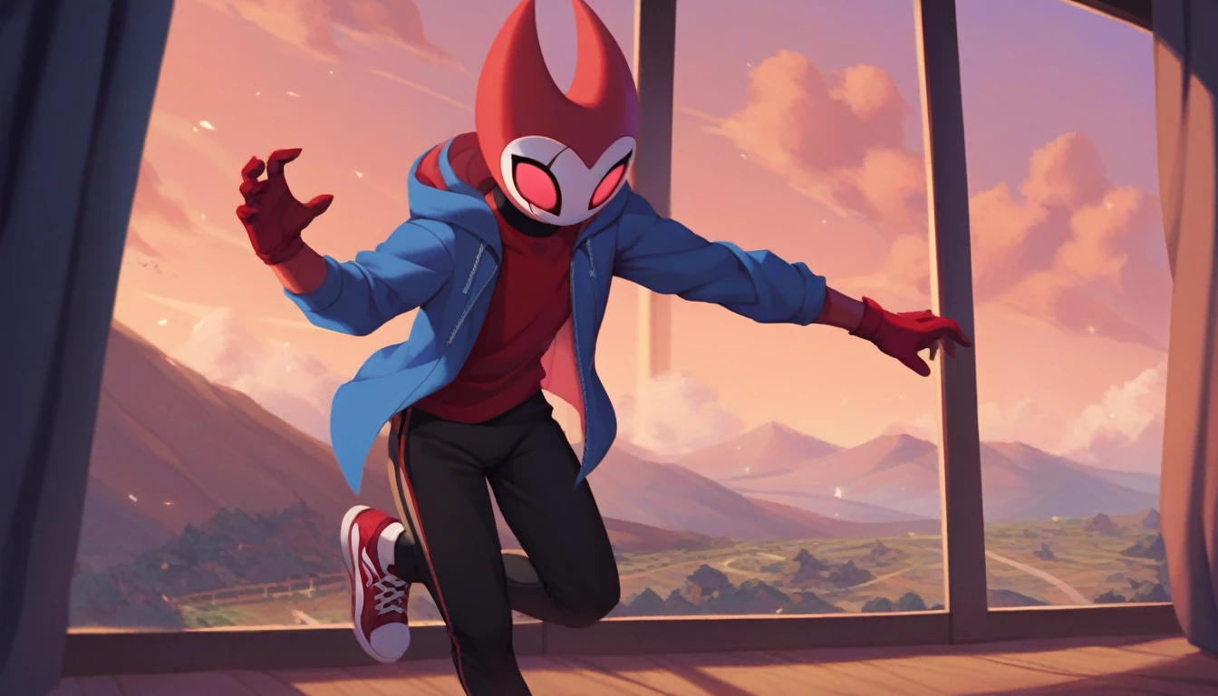 score_9, score_8_up, score_7_up, score_6_up, zPDXL2, grimm \(hollow knight\), vampire, bat, 1boy, solo, cute face, detailed eyes, anthro, blue large hoodie, red sports gloves, sneakers, near the window, landscape, looking at viewer, angle from below, arms crossed, clean floor. 