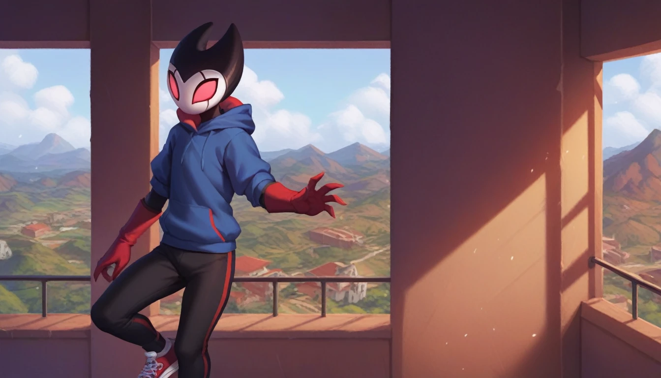 score_9, score_8_up, score_7_up, score_6_up, zPDXL2, grimm \(hollow knight\), vampire, bat, 1boy, solo, cute face, detailed eyes, portrait, anthro, black sports pants, blue large hoodie, red sports gloves, sneakers, background, near the window, landscape, cool pose