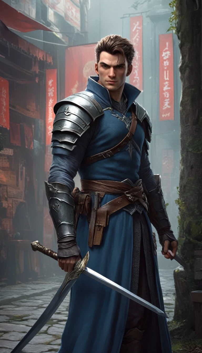 man holding a sword in front of a poster, computer graphics by Li Chevalier, featured on polycount, private press, artstation hd, prerendered graphics, behance hd
