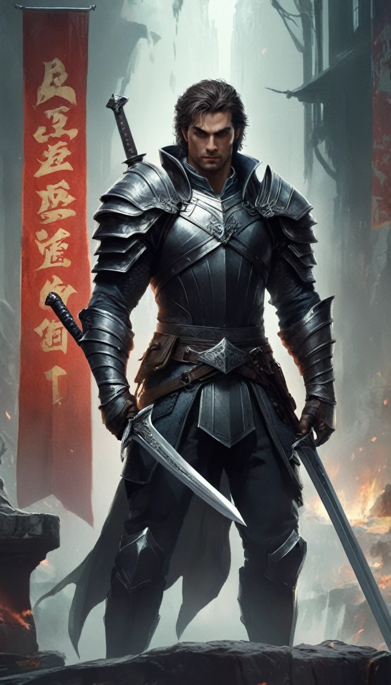 man holding a sword in front of a poster, computer graphics by Li Chevalier, featured on polycount, private press, artstation hd, prerendered graphics, behance hd