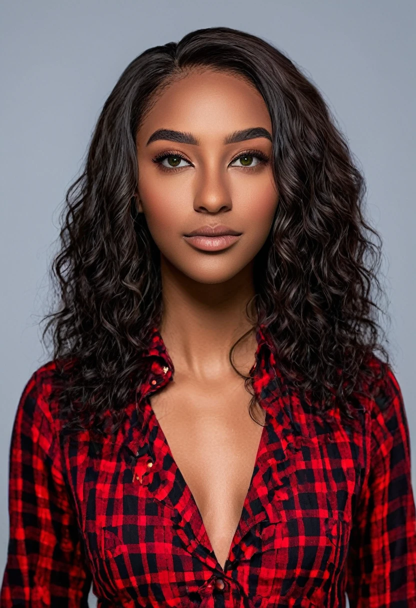 Pose for photo: A beautiful woman, beautiful Latin face, young Brazilian Nyvi Estephan, Brazilian supermodel, serene and elegant beauty, Angolan descent, young adult 30 years old, nerdy woman, tall woman, a stunning black woman, with indigenous features, beautiful indigenous girl, native Brazilian, ((An indigenous African girl with European ebony)), ((her beauty is undeniable)), beautiful young ebony girl with dark skin, tanned Mexican, black hair with brown highlights, black curly hair with brown highlights, Black voluminous hair with brown highlights, vibrant and dynamic cut with soft waves can add a modern and stylish touch. has an exotic beauty with beautiful green eyes, green realistic eyes, bright green eyes, ultra detailed green eyes, ultra realistic green eyes, natural green eyes, ultra detailed iris, perfect eyes, perfect iris, hyper realistic eyes, eyeliner, long eyelashes and defined, penetrating gaze that conveys confidence, striking, powerful expression, strong presence, striking makeup, full, voluminous lips, seductive lips, captivating, striking, unforgettable, dazzling, mischievous smile, wide smile, your features are captivating, subtle smile on your lips , beautiful and detailed face, detailed skin texture, Notice her perfectly shaped eyebrows, which arch gracefully above her eyes, small nose that is proportionate to her face, and soft contour of her face that accentuates her high cheekbones. Beautiful and glowing skin, intricate details, smooth skin, healthy and radiant appearance, Attractive slim woman, Average bust, Average and beautiful breasts, athletic physique, flat stomach, slim waist, huge hips, wide hips, big ass, thick thighs, legs shapely concept art. She wears a red and black plaid shirt with long sleeves, a short black latex skirt and long black knee-high boots. 3D 4k, high resolution, full sharpness photo realistic, breathtaking, Lentille nette, Photographie professionnelle, Objectif 70mm, Unreal Engine 5, wallpaper, colorful, art, (