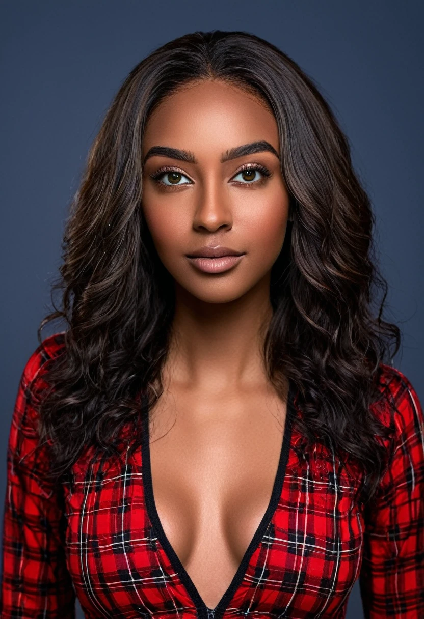 Pose for photo: A beautiful woman, beautiful Latin face, young Brazilian Nyvi Estephan, Brazilian supermodel, serene and elegant beauty, Angolan descent, young adult 30 years old, nerdy woman, tall woman, a stunning black woman, with indigenous features, beautiful indigenous girl, native Brazilian, ((An indigenous African girl with European ebony)), ((her beauty is undeniable)), beautiful young ebony girl with dark skin, tanned Mexican, black hair with brown highlights, black curly hair with brown highlights, Black voluminous hair with brown highlights, vibrant and dynamic cut with soft waves can add a modern and stylish touch. has an exotic beauty with beautiful green eyes, green realistic eyes, bright green eyes, ultra detailed green eyes, ultra realistic green eyes, natural green eyes, ultra detailed iris, perfect eyes, perfect iris, hyper realistic eyes, eyeliner, long eyelashes and defined, penetrating gaze that conveys confidence, striking, powerful expression, strong presence, striking makeup, full, voluminous lips, seductive lips, captivating, striking, unforgettable, dazzling, mischievous smile, wide smile, your features are captivating, subtle smile on your lips , beautiful and detailed face, detailed skin texture, Notice her perfectly shaped eyebrows, which arch gracefully above her eyes, small nose that is proportionate to her face, and soft contour of her face that accentuates her high cheekbones. Beautiful and glowing skin, intricate details, smooth skin, healthy and radiant appearance, Attractive slim woman, Average bust, Average and beautiful breasts, athletic physique, flat stomach, slim waist, huge hips, wide hips, big ass, thick thighs, legs shapely concept art. She wears a red and black plaid shirt with long sleeves, a short black latex skirt and long black knee-high boots. 3D 4k, high resolution, full sharpness photo realistic, breathtaking, Lentille nette, Photographie professionnelle, Objectif 70mm, Unreal Engine 5, wallpaper, colorful, art, (