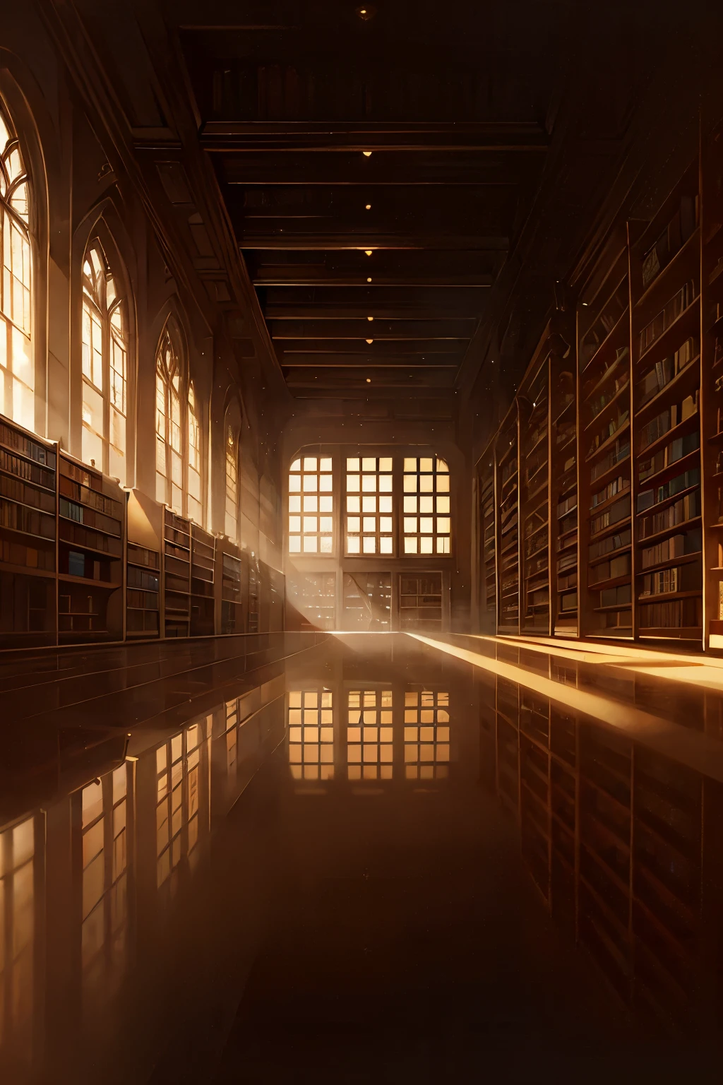 High-Quality Photographic Background, Library Setting, Horizontal Perspective, Shadowy Ambience, Abandoned Atmosphere, Booksellers Only, Monochromatic Tone, Foggy Glass Windows, Yellowish Lighting, (Vintage Architecture: 0.8), (Book-lined shelves: 1.2), (Reflections on the floor: 1.1), (Emptiness and solitude: 1.0) - a black and white photograph of a deserted library in the evening, with foggy windows and book-lined shelves casting long shadows. The yellowish light seeps in from the outside, casting an eerie atmosphere on the empty shelves. This photograph captures