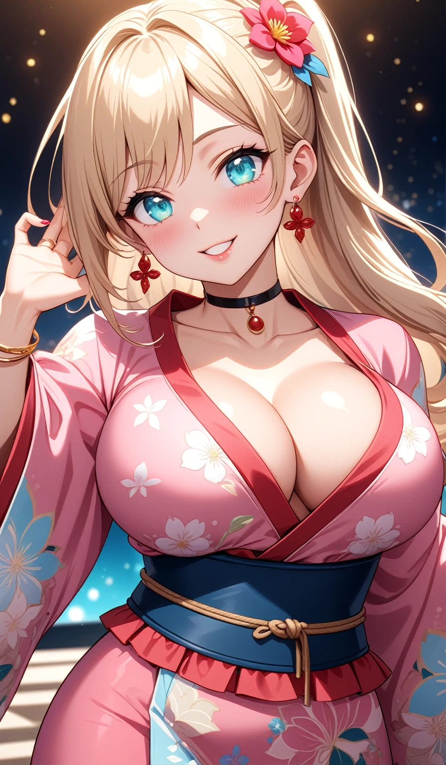 ((One personの女性)), Beautiful Face, (Laughing embarrassedly), (laugh),((Wink:1.9)),((waving at viewer:1.3)), (head tilt:1.3), Laugh with your mouth wide open,((Bright red cheeks:1.4)),Shiny red lips,night,横浜みなとみらいのnight景, firework,Laughing with your mouth open,Glossy pink lips,Facial lighting, ((Anime style background)),masterpiece, Highest quality, so beautiful,up to date, Complex details, (Pink long nails),(ring),(bracelet),(choker),AI-generated, Complex,High resolution, Highest quality, super high quality,3D Images、3D Images,One person,Long blonde hair,High Side Ponytail,(turquoise blue eyes),Anime woman posing for a photo, ((Fine grain、Colorful eyes、Shining Eyes:1.4)), (Squint your eyes:1.1),a hyperRealistic , hyperRealistic , Realistic,Anime woman with long white hair, Smooth anime CG art, A woman in a colorful kimono with gold embroidery, (Pink long sleeve kimono),Red floral pattern,Long flower hair ornament,Earrings,Mature Body,(Big Breasts:1.1),Tall,Abdominal muscles,Tight waist,(Zoom up to face:1.6), (front view),