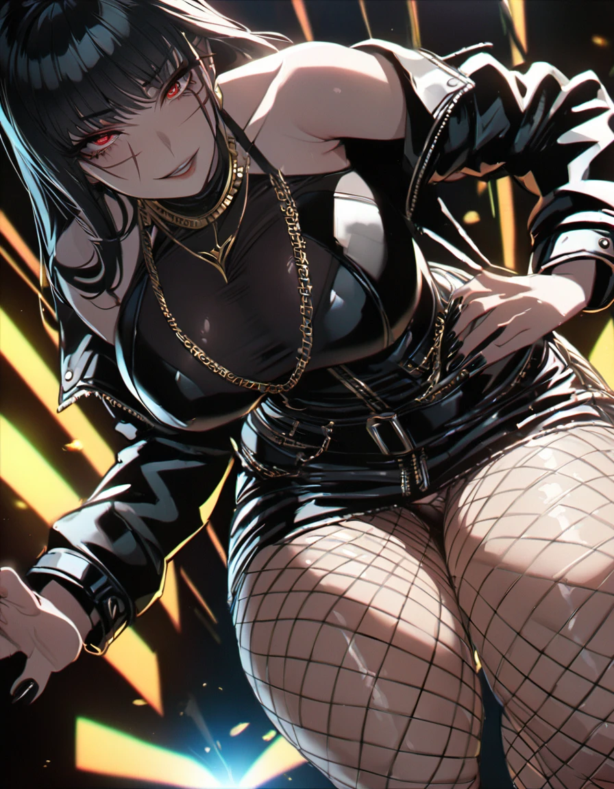 best quality, masterpiece, ultra-detailed, illustration, dynamic pose, Yoru, yorucsm, face scar, red eyes, black hair, looking at viewer, (evil smile), heavy eyeliner, (wearing a leather jacket, platform boots:1.2), adorned with studded accessories, (layered necklaces), bold patterns, (torn fishnet pantyhose:1.2), black miniskirt, dramatic makeup, black nail polish, oversized rings, close-up shot, thick thighs, big breasts, big ass, wide hips, hip dip, glossy lips, cinematic lighting, volumetric lighting, vibrant colors, ray tracing, intricate details in 8k or 4k resolution