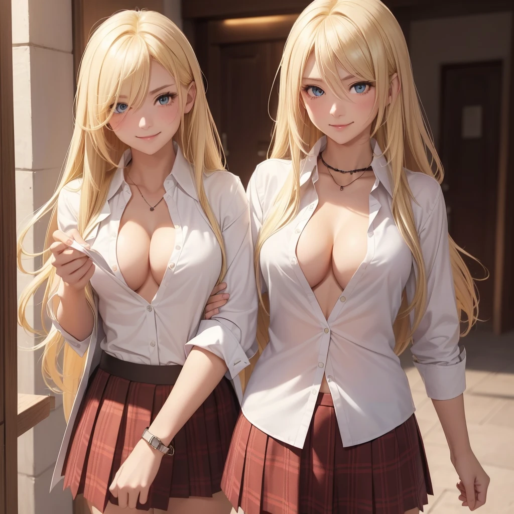 1girl only, smile, ((long blonde hair,Between dates.)),((open shirt, white collar shirt)), ((cleavage is visible.)), medium breasts, black and red plaid skirt, sarcastic, shy , blushing,((light skin)),((short sleeves))