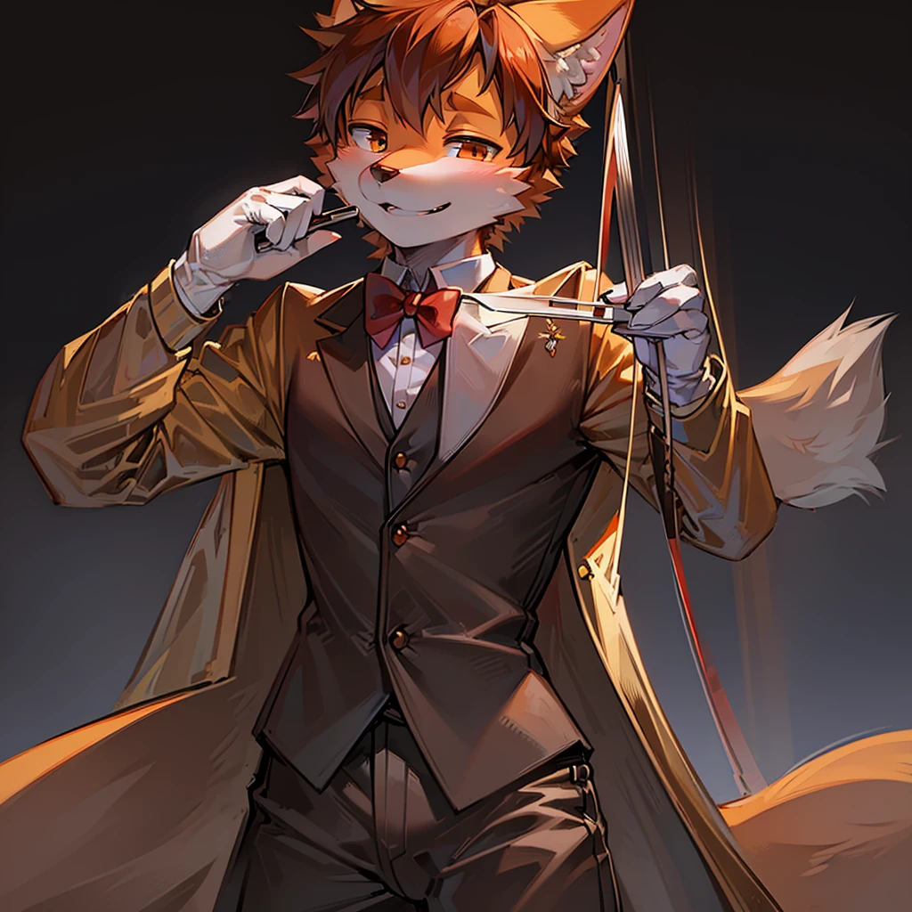 (high resolution,Masterpiece:1.2),boy,infancy,(Detailed anatomy,Correct anatomy:1.1),solo,Orange fur,Fox Boy,young boy,smile,simple background,performance,on the stage,(Furry:1.8),formal clothing,white gloves,playing violin.