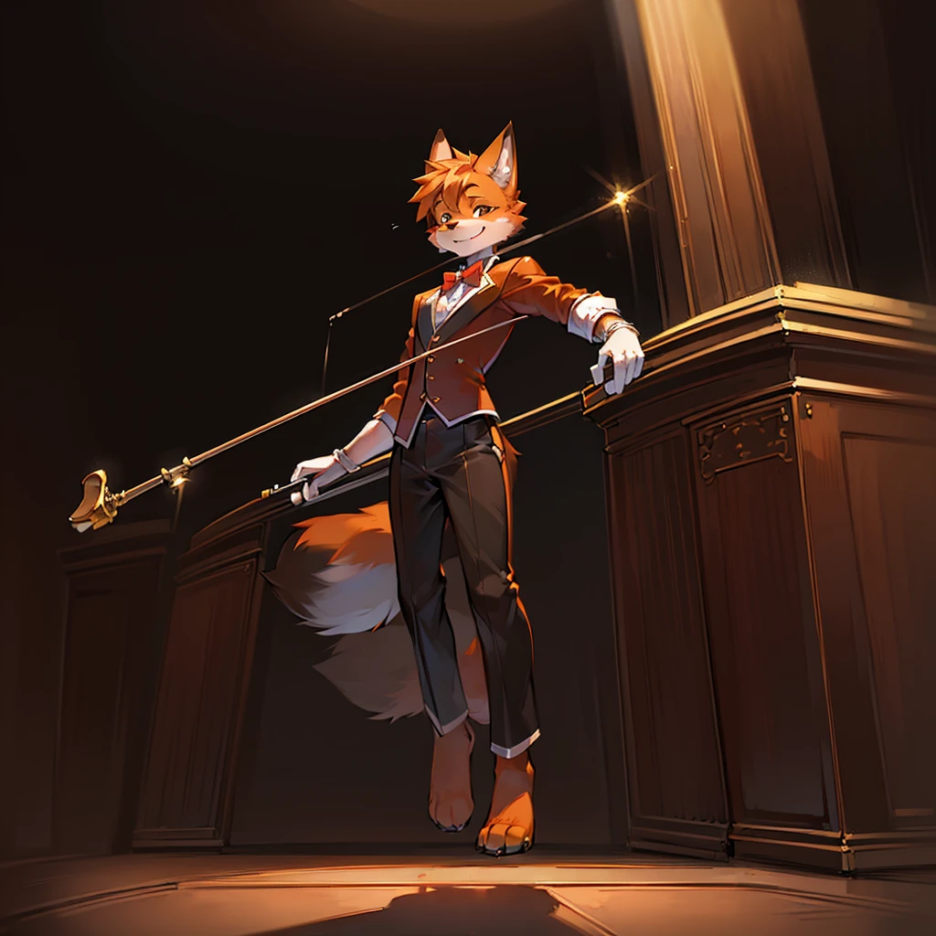 (high resolution,Masterpiece:1.2),boy,infancy,(Detailed anatomy,Correct anatomy:1.1),solo,Orange fur,Fox Boy,young boy,smile,simple background,performance,on the stage,(Furry:1.8),formal clothing,white gloves,playing violin. 