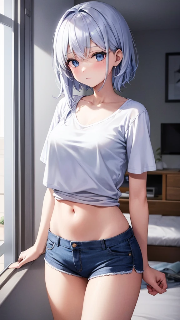 Une fille avec de beau cheveux blancs et long avec les yeux bleus dans un appartement moderne avec un t-shirt blanc et un short