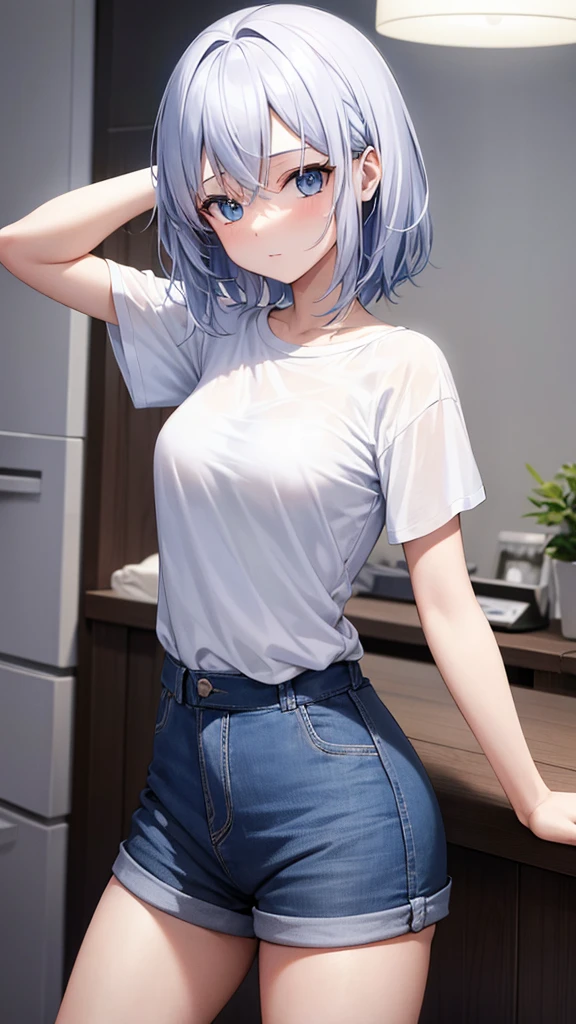 Une fille avec de beau cheveux blancs et long avec les yeux bleus dans un appartement moderne avec un t-shirt blanc et un short