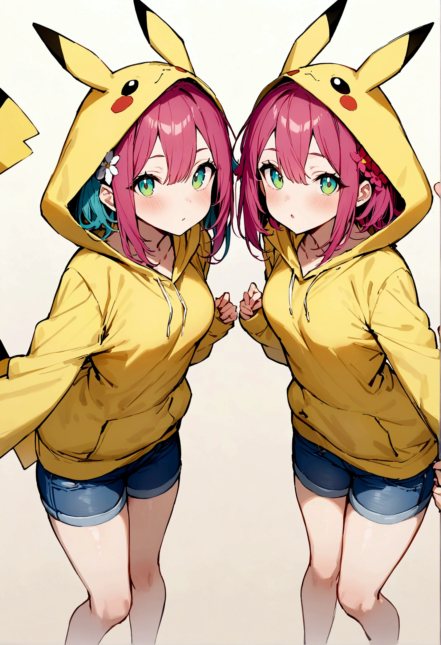 Masterpiece, Best Quality, high resolution, pikachu hoodie, short blue jeans, magenta hair, light green eyes, flower shaped hair band