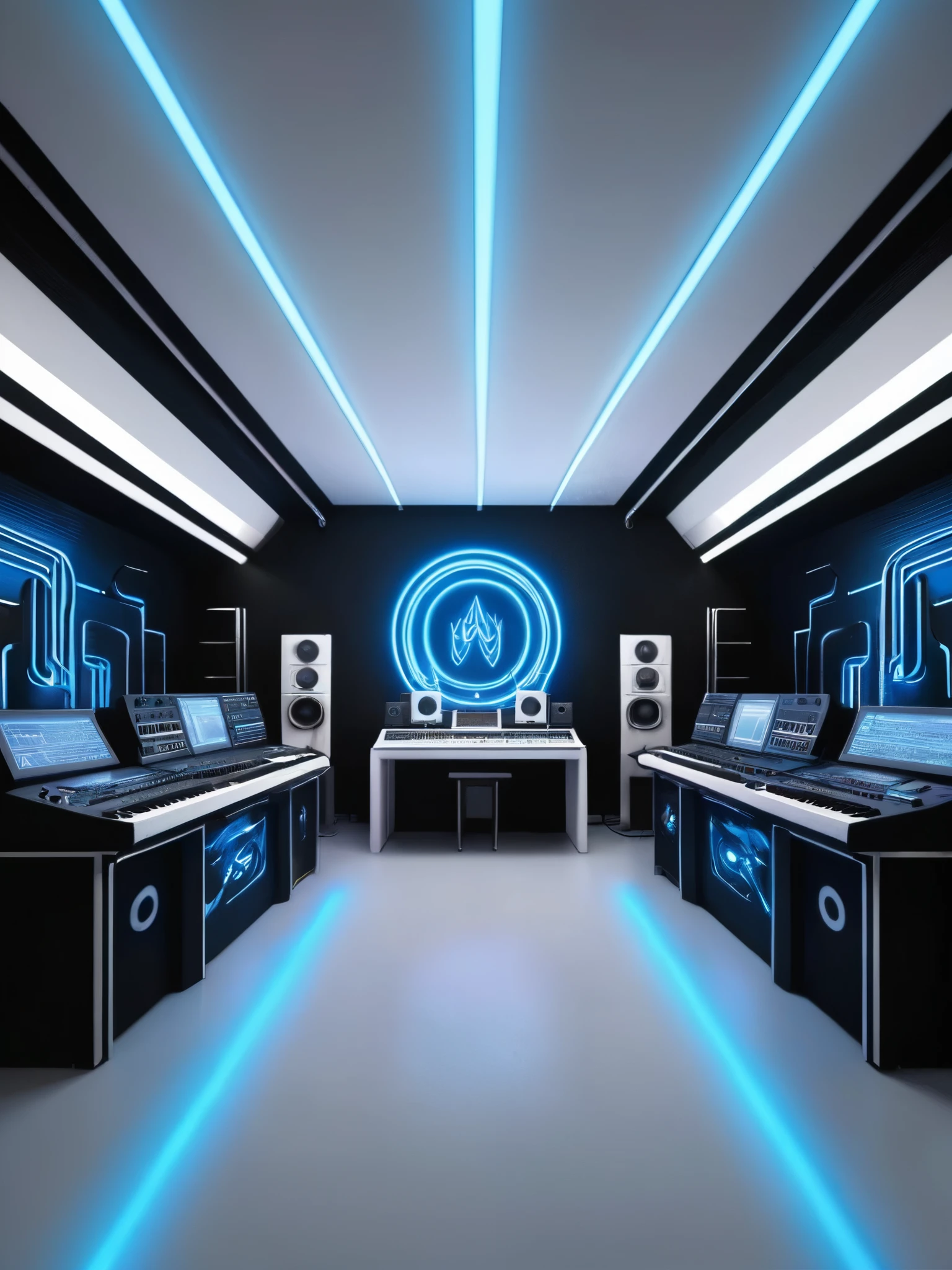 music producer studio, sala vacía con neones bluees, infernal themed futuristic background image, cables hell neon, symmetrical image, hell, White wall, negro, blue