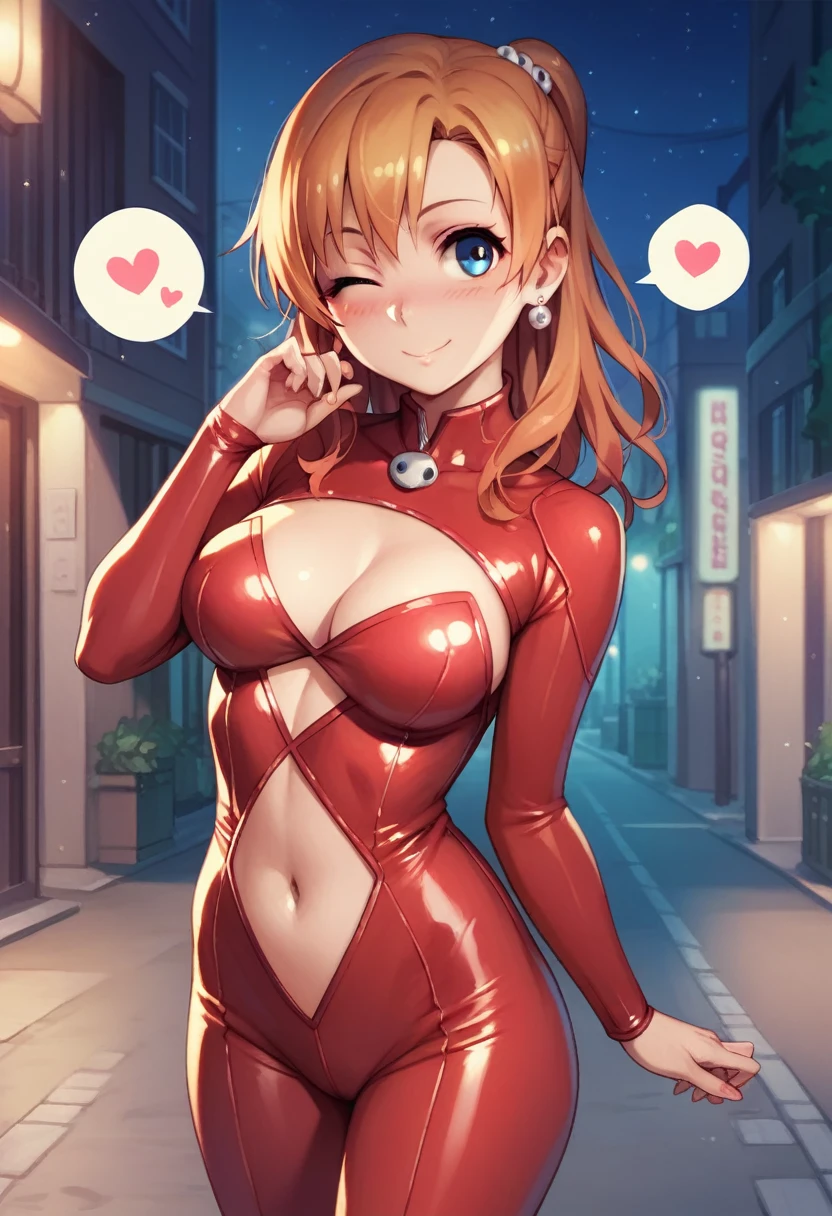 masterpiece, best quality,8k wallpaper, blue eyes, kousaka honoka, breasts , (plain red bodysuit),in street , solo, earrings , blushing , night , smile,:D, one eye closed , navel , spoken heart, vertical cutout