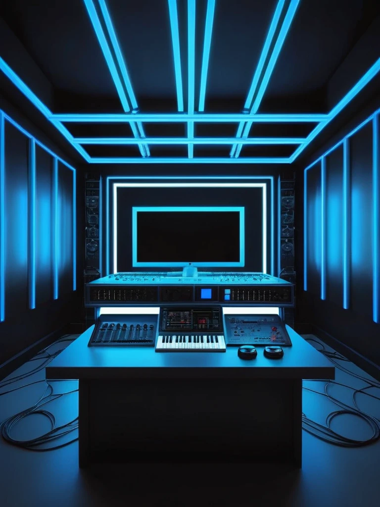 music producer studio, empty room, con neones bluees, infernal themed futuristic background image, cables hell neon, symmetrical image, hell, White wall, negro, blue