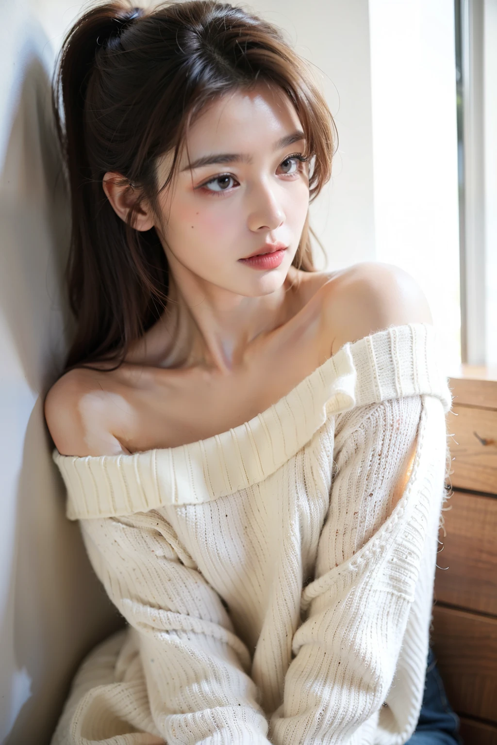 Ulchan-6500-v1.1, (RAW photo:1.2), (realistic:1.4), beautiful detailed girl, very detailed eyes and face, beautiful and fine eyes, That's ridiculous, incredibly ridiculous, huge file size, Super detailed, High resolution, very detailed, highest quality, table top, ((off shoulder white shirt)), figure, very detailed, nffsw, unified, 8k wallpaper, wonderful, small details, table top, highest quality, Highly detailed nffsw unified 8k wallpaper, face light, movie lighting, 1 girl, 16 years old, ((Super detailed)), ((dynamic pose))), (camel toe), (half), (open your mouth)),(((distressed look)),((troubled face)),skirt,((Drooping eyes)),Navel exposed,