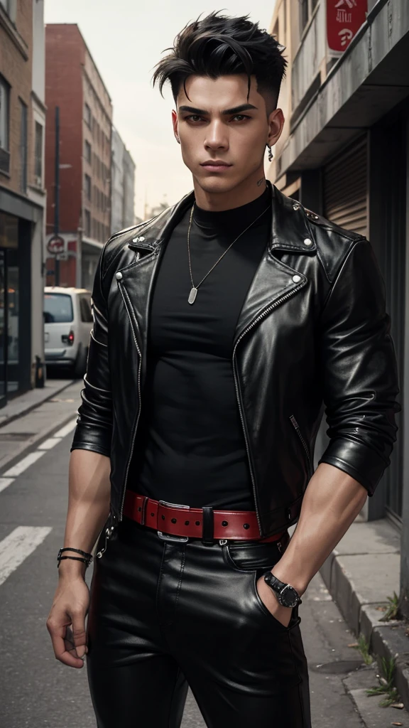 "Generate an image of a confident, muscular young man standing in a modern city street at dusk. He has short, tousled black hair with a slight undercut and piercing red eyes. He is wearing a form-fitting black t-shirt, a red leather biker jacket, and tight black leather pants. At abandoned building, tied up, with a moody, urban atmosphere. The man exudes a cool, edgy vibe."