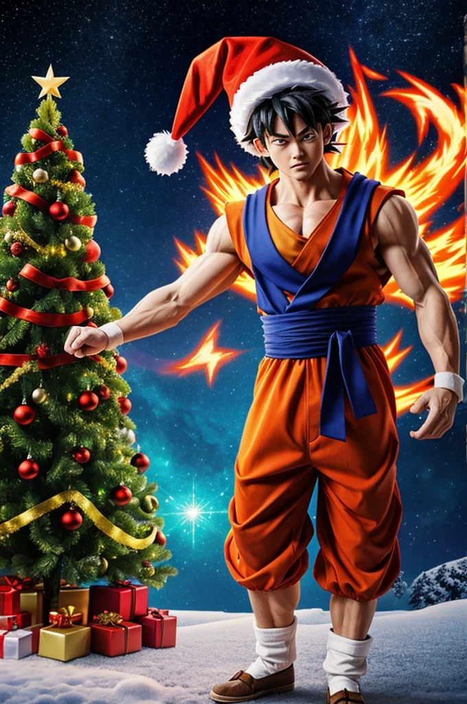 Man character with Christmas hat Goku clothes and colorful aura