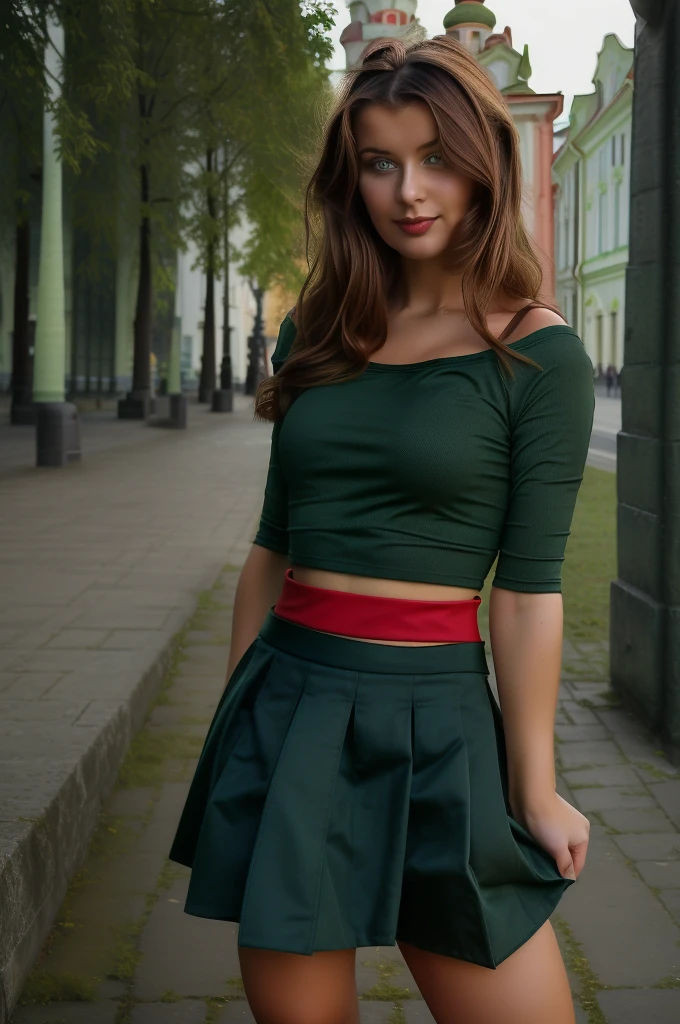 wife, Lithuania, debout, ((full body)), bionde, (((she wears a dark green top and red skirt))), smirk, ((in the city of Vilnius)) Pretty face, beau corps, ((( grande place de Vilnius)))