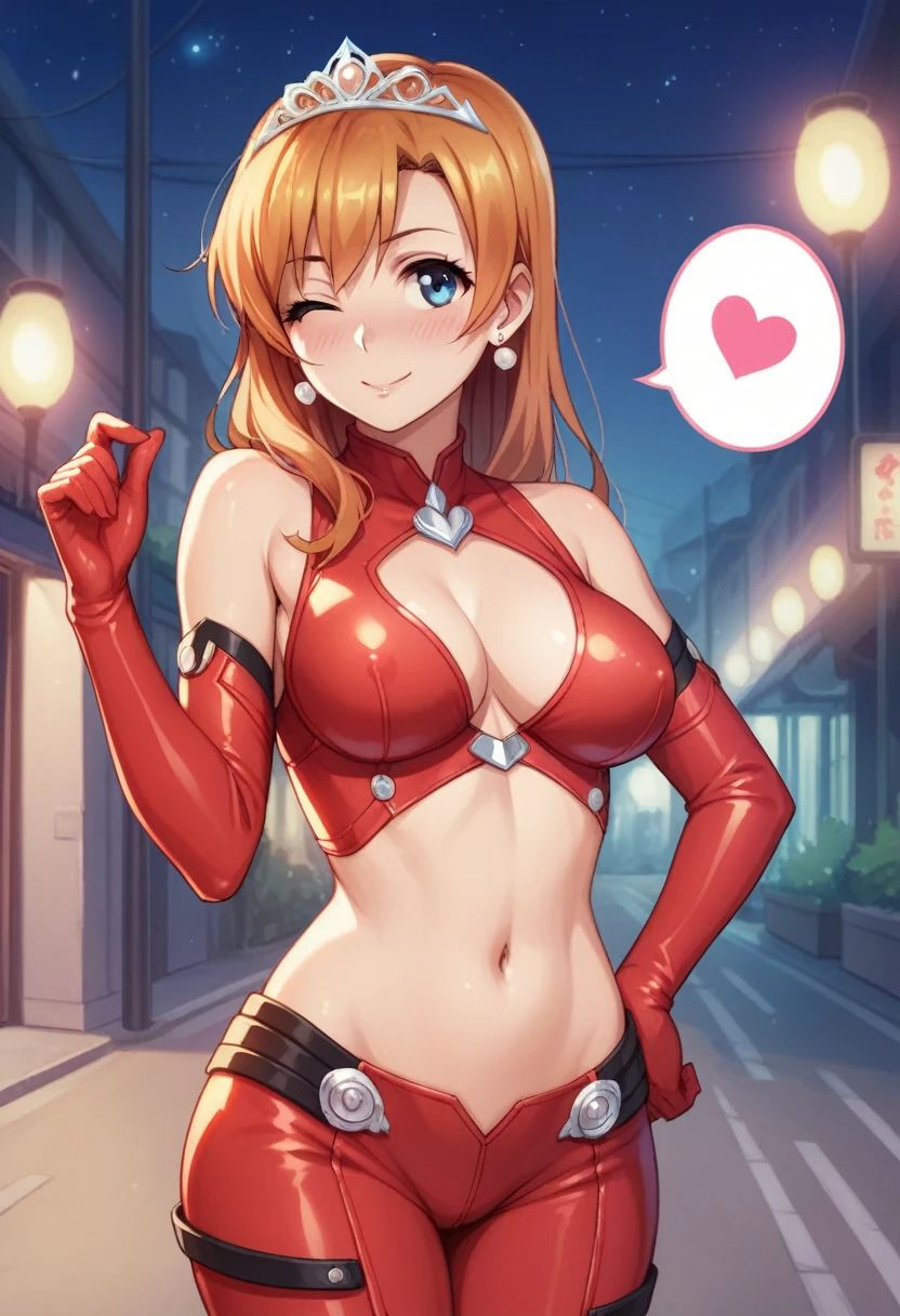 masterpiece, best quality,8k wallpaper, blue eyes, kousaka honoka, breasts , (red latexbodysuit),in street , solo, earrings , blushing , night , smile,:D, one eye closed , navel , spoken heart, vertical cutout elbow gloves, tiara 