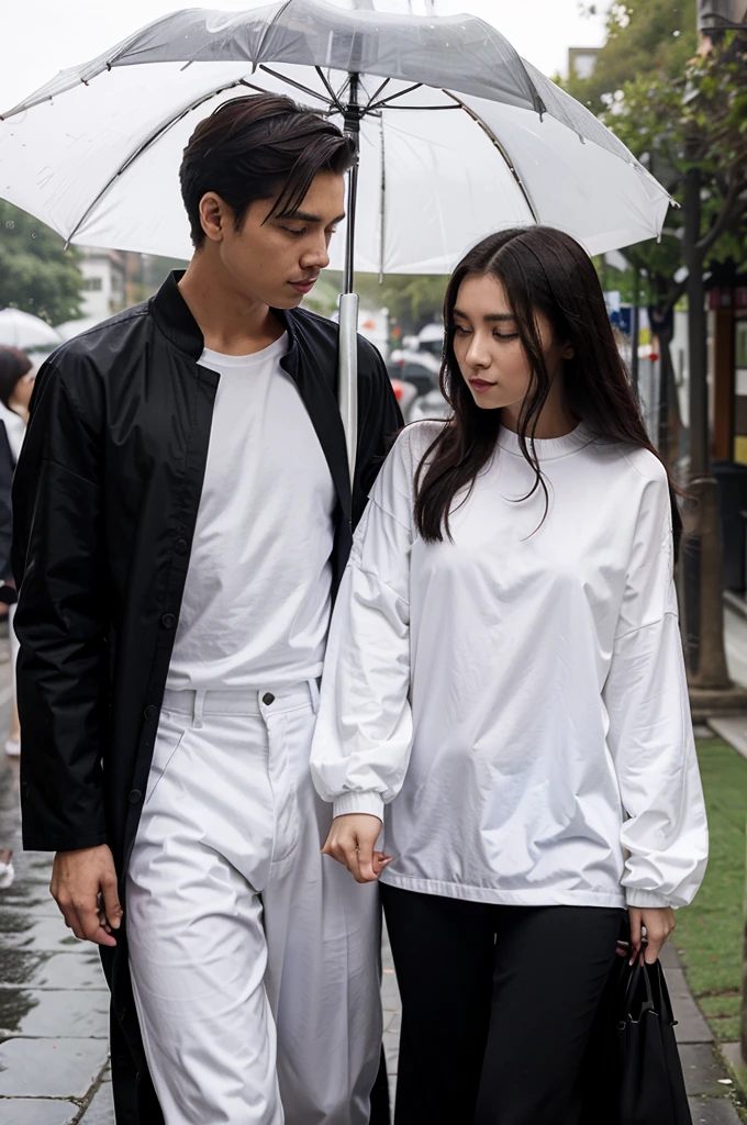 A couple of lovers facing forward, women wearing long-sleeved white clothes, men wearing long black clothes wearing umbrellas