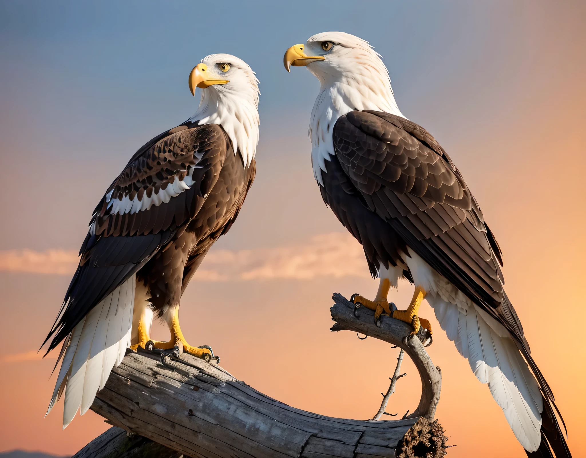 Create a powerful and fearless eagle perched atop a sturdy, dry branch during sunset. The eagle should exude strength and confidence, with visible feathers and claws, ready to face any challenge. The background sky should be tinted in vibrant shades of orange, indicating a dramatic evening between 4 and 5 PM. The sunset light should highlight the eagle's features and cast subtle shadows on the branch and surroundings. Use a realistic color palette with tones of orange, gold, and earthy hues. na imagen deve ter apenas 1 aguia o cenario deve ser arido sem montanhas deve ser plano a aguia deve ser mais forte com asas fechadas