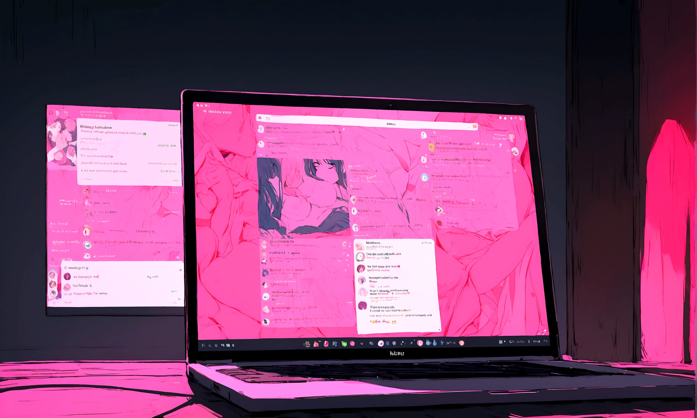 The laptop screen shows explicit messages exchanged with the character.