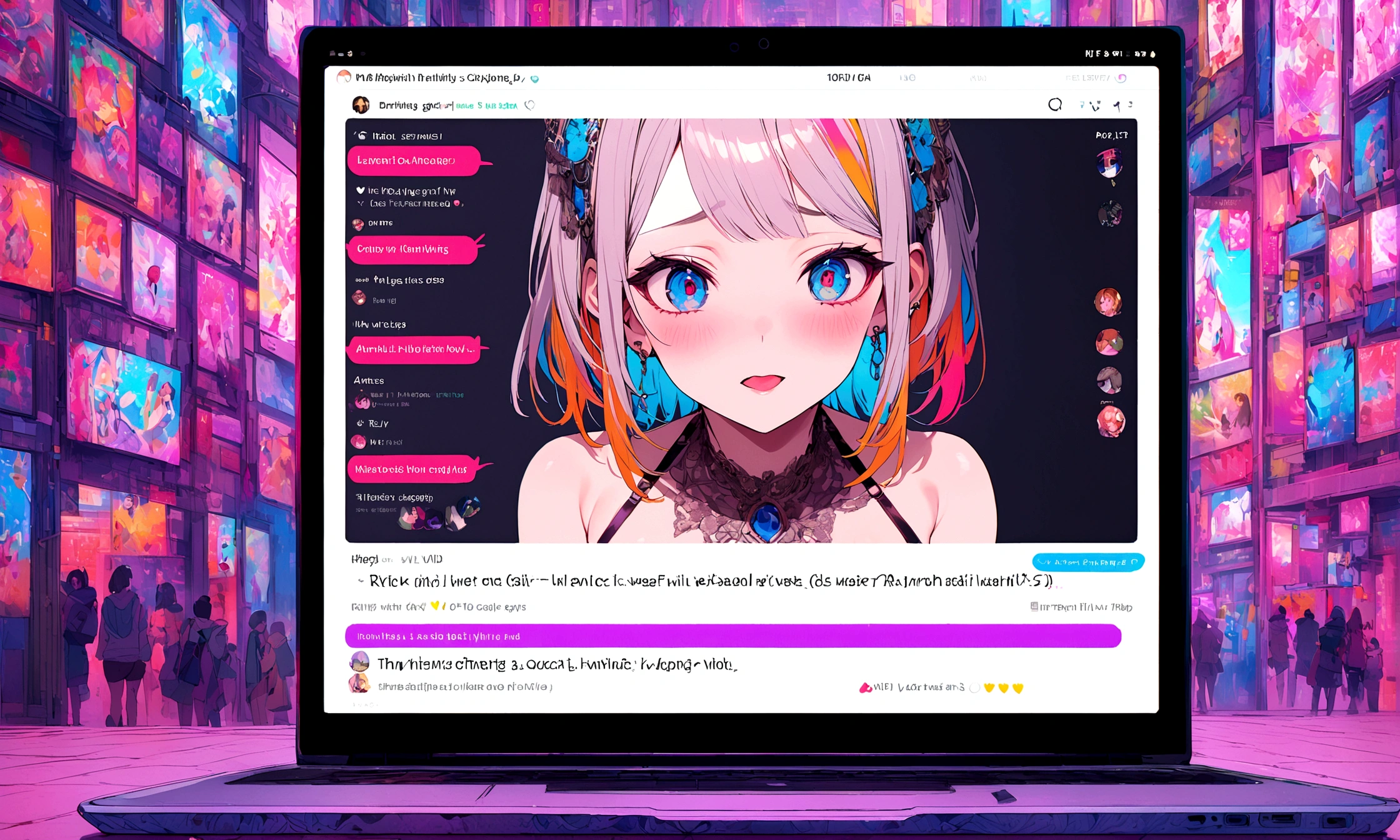The laptop screen shows explicit messages exchanged with the character.
