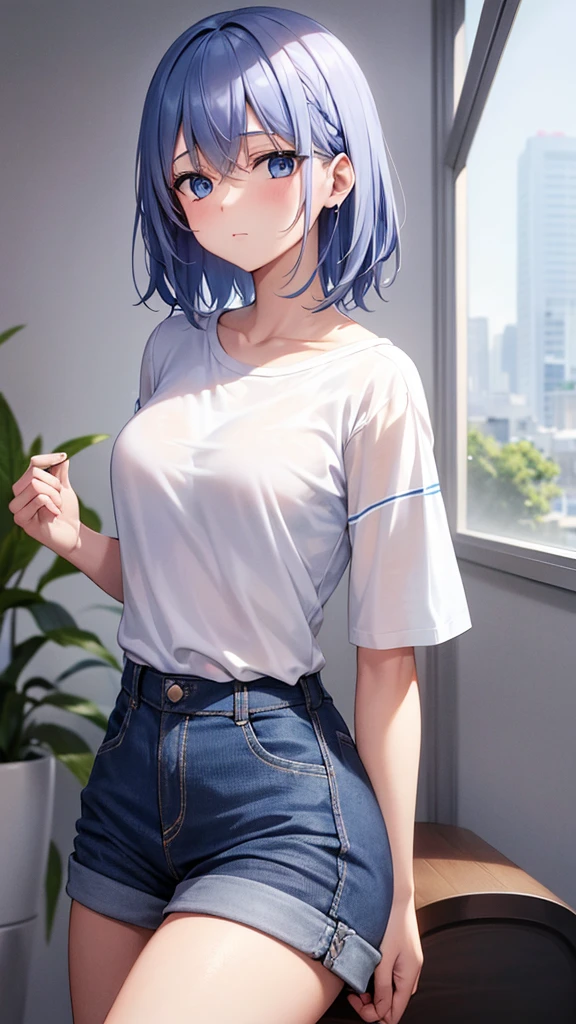 Une fille avec de beau cheveux blancs et long avec les yeux bleus dans un appartement moderne avec un t-shirt blanc et un short
